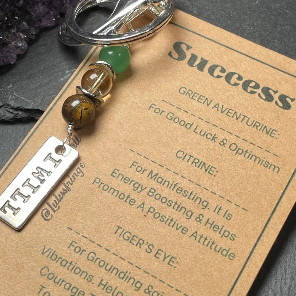 Success Crystal Guide Card And Green Aventurine Citrine And Tigers Eye Keychain